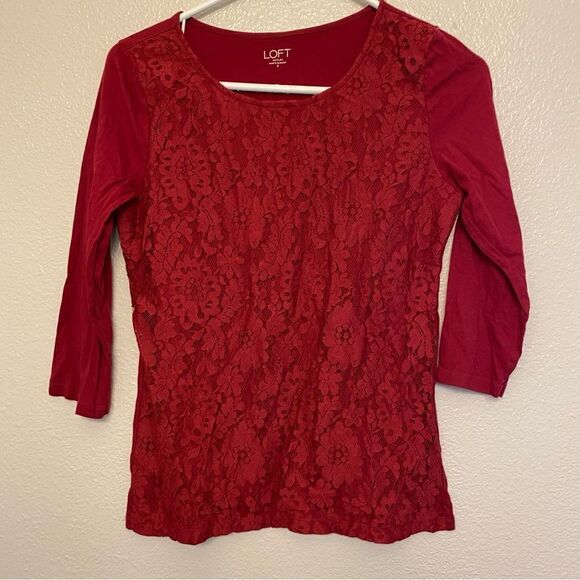 LOFT red lace 3/4 sleeve crew neck blouse top cotton casual blouse S - Picture 1 of 8